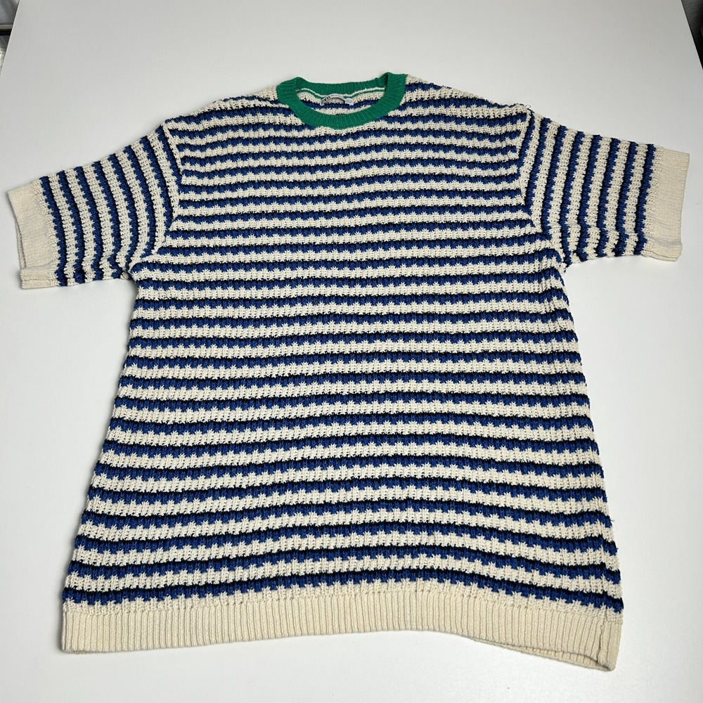 Zara Mens XL Striped Knit Short Sleeve Sweater Blue White Green Crew Neck